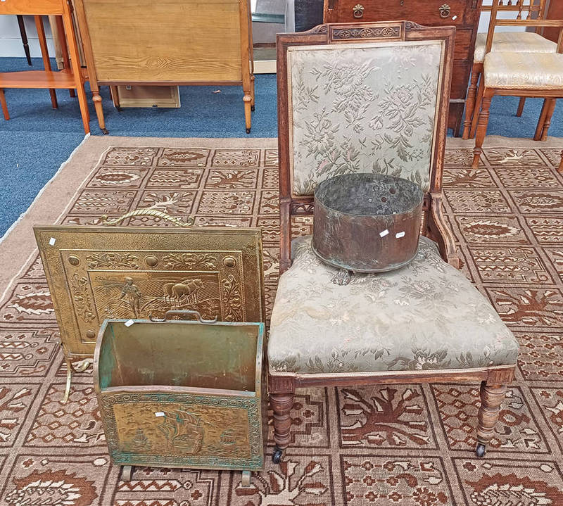 LATE 19TH CENTURY OAK FRAMED LADIES CHAIR, BRASS FIRE SCREEN WITH EMBOSSED RURAL SCENE, ETC.