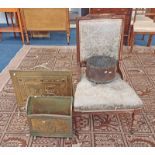 LATE 19TH CENTURY OAK FRAMED LADIES CHAIR, BRASS FIRE SCREEN WITH EMBOSSED RURAL SCENE, ETC.