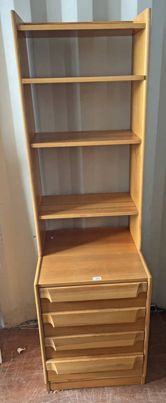 PINE BOOKCASE WITH OPEN SHELVES OVER 4 DRAWERS