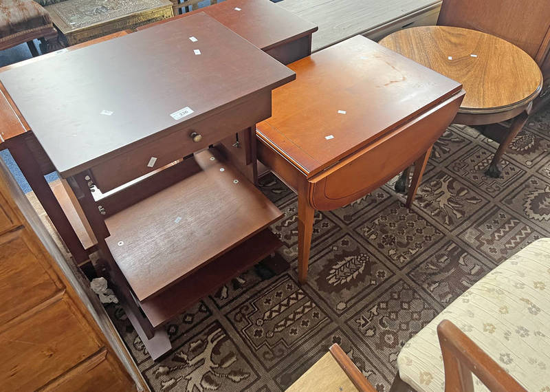MAHOGANY ADJUSTABLE WRITING TABLE WITH SINGLE DRAWER, CIRCULAR COFFEE TABLE ON BALL & CLAW SUPPORTS.