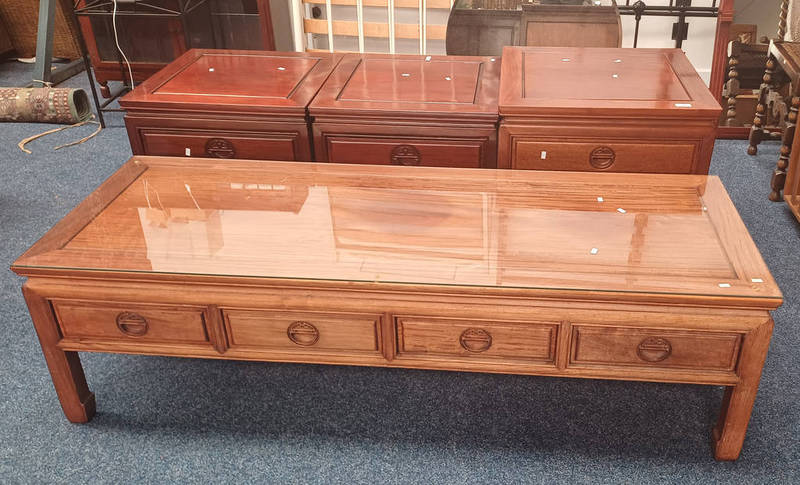 3 CHINESE HARDWOOD BEDSIDE CABINETS WITH SINGLE DRAWER OVER 2 PANEL DOORS & CHINESE HARDWOOD COFFEE