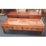 3 CHINESE HARDWOOD BEDSIDE CABINETS WITH SINGLE DRAWER OVER 2 PANEL DOORS & CHINESE HARDWOOD COFFEE