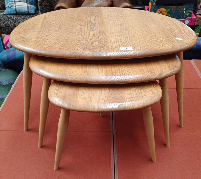 NEST OF 3 ERCOL BLODNE BEECH PEBBLE TABLES ON TAPERED SUPPORTS Condition Report: