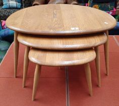 NEST OF 3 ERCOL BLODNE BEECH PEBBLE TABLES ON TAPERED SUPPORTS Condition Report: