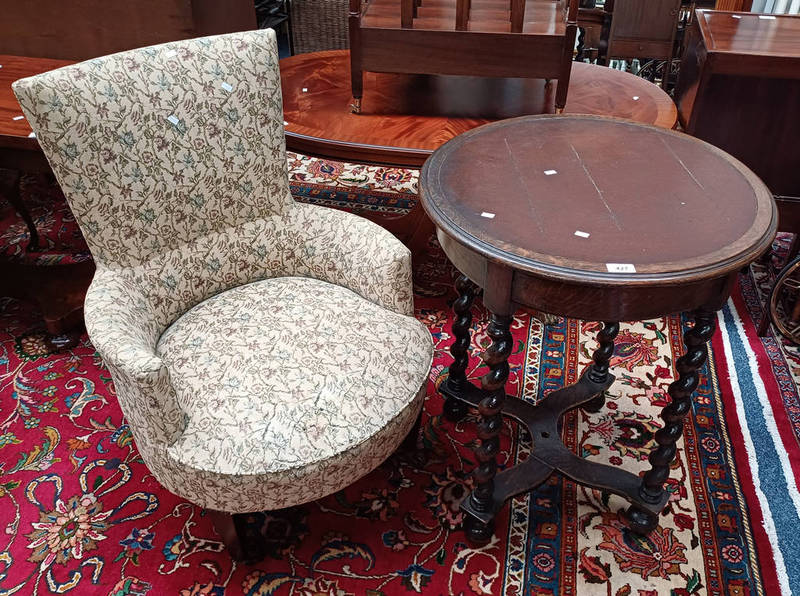 OAK CIRCULAR TABLE WITH LEATHER INSET TOP ON BARLEY TWIST SUPPORTS & OVERSTUFFED ARMCHAIR