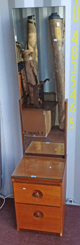 TEAK CHEVAL MIRROR WITH 2 DRAWERS TO BASE.