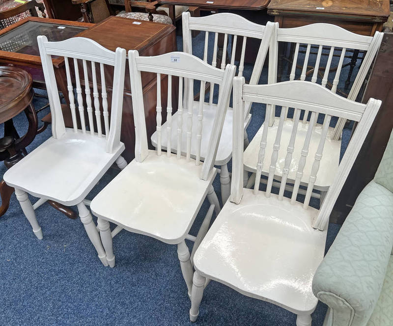 SET OF 5 PAINTED SPINDLE BACK HAND CHAIRS ON TURNED SUPPORTS