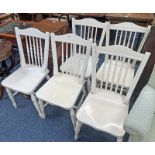 SET OF 5 PAINTED SPINDLE BACK HAND CHAIRS ON TURNED SUPPORTS