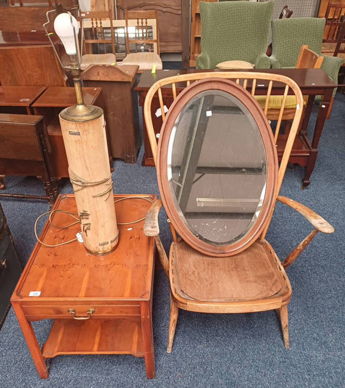 ERCOL SPINDLE BACK ARMCHAIR FRAME - AF, YEW WOOD LAMP TABLE WITH DRAWER TO END,