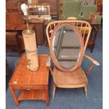 ERCOL SPINDLE BACK ARMCHAIR FRAME - AF, YEW WOOD LAMP TABLE WITH DRAWER TO END,