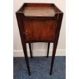 LATE 19TH CENTURY MAHOGANY SINGLE DOOR BEDSIDE CABINET WITH 3/4 GALLERY TOP ON SQUARE TAPERED