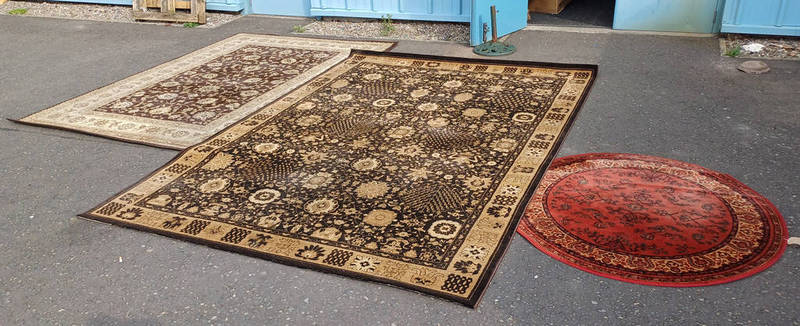 OVAL RUG WITH RED & BLUE PATTERN, LARGE RUG WITH BROWN & BEIGE PATTER AND 1 OTHER RUG.