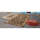 OVAL RUG WITH RED & BLUE PATTERN, LARGE RUG WITH BROWN & BEIGE PATTER AND 1 OTHER RUG.