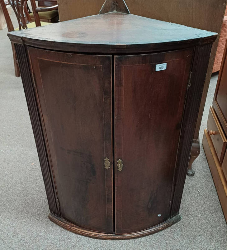 19TH CENTURY MAHOGANY BOW FRONT CORNER CABINET WITH 2 PANEL DOORS OPENING TO SHELVED INTERIOR