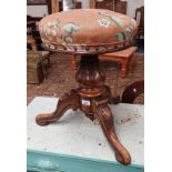 19TH CENTURY MAHOGANY CIRCULAR PIANO STOOL WITH FLORAL TAPESTRY TOP & 3 SPREADING SUPPORTS,