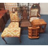 SMALL OAK DISPLAY CABINET, CONTINENTAL STYLE ARMCHAIR, OAK LAMP TABLE,