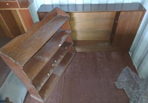 OAK OPEN BOOKCASE & TEAK BOOKCASE WITH 2 SLIDING GLASS DOORS FLANKED BY 2 PANEL DOORS,