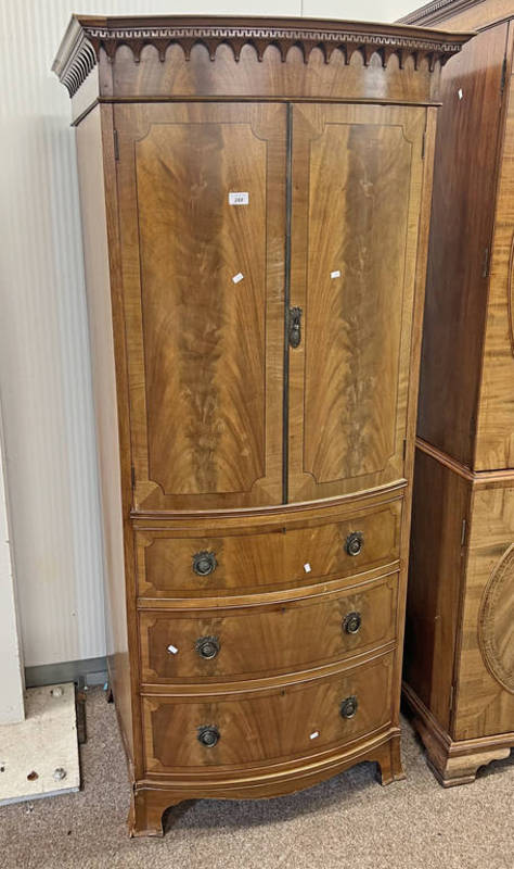 EARLY 20TH CENTURY INLAID MAHOGANY BOW FRONT WARDROBE WITH 2 PANEL DOORS OVER 3 DRAWERS ON BRACKET