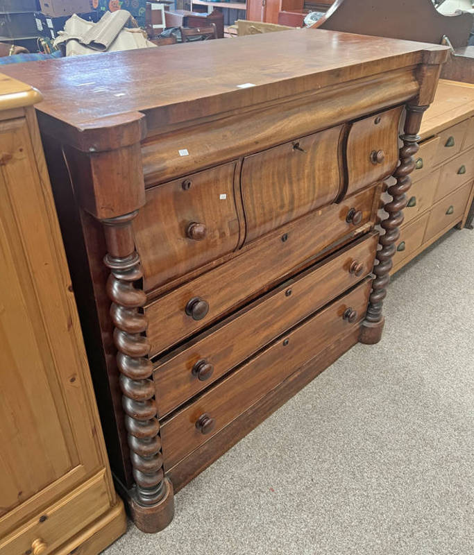 19TH CENTURY MAHOGANY OGEE CHEST WITH 3 SHORT DRAWERS OVER 3 LONG DRAWERS WITH SHALLOW LONG DRAWER