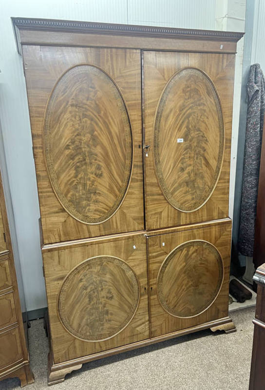 EARLY 20TH CENTURY INLAID MAHOGANY LINEN PRESS WITH SHELVED INTERIOR BEHIND 2 PANEL DOORS OVER 2