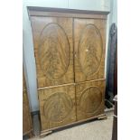 EARLY 20TH CENTURY INLAID MAHOGANY LINEN PRESS WITH SHELVED INTERIOR BEHIND 2 PANEL DOORS OVER 2