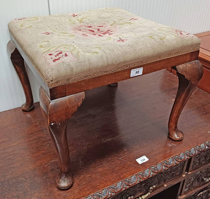 20TH CENTURY WALNUT STOOL WITH FLORAL TAPESTRY TOP ON QUEEN ANNE SUPPORTS