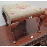 20TH CENTURY WALNUT STOOL WITH FLORAL TAPESTRY TOP ON QUEEN ANNE SUPPORTS