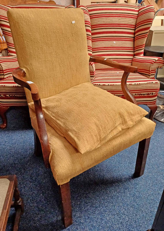 20TH CENTURY LABURNUM OPEN ARMCHAIR WITH PADDED BACK & SEAT ON BLOCK FEET