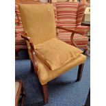 20TH CENTURY LABURNUM OPEN ARMCHAIR WITH PADDED BACK & SEAT ON BLOCK FEET