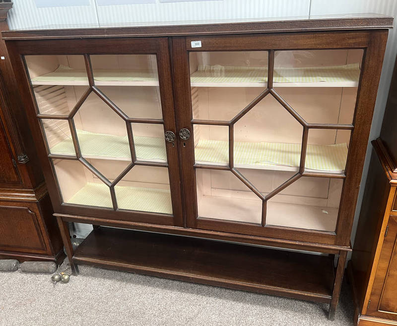 EARLY 20TH CENTURY MAHOGANY BOOKCASE WITH 2 ASTRAGAL GLASS PANEL DOORS - 139 CM TALL X 151 CM LONG