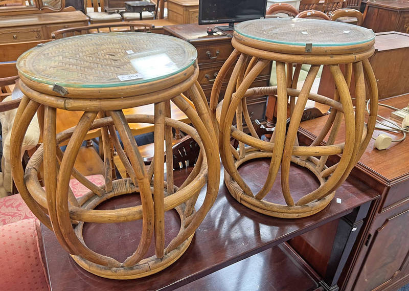 PAIR OF BAMBOO LOBSTER POT OCCASIONAL TABLES WITH GLASS TOPS