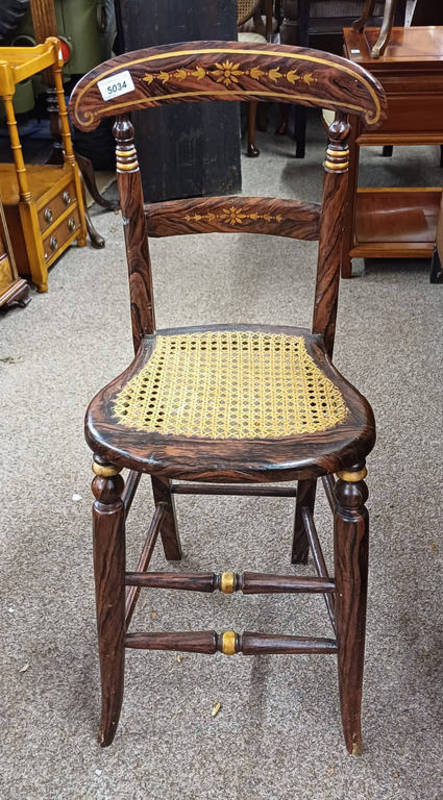 20TH CENTURY FAUX ROSEWOOD CHILD'S CHAIR WITH GILT DECORATION & BERGERE PANEL SEAT ON SPLAYED