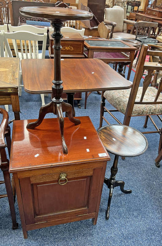 19TH CENTURY MAHOGANY MAGAZINE RACK WITH BRASS LION MASK HEAD & 2 OCCASIONAL TABLES