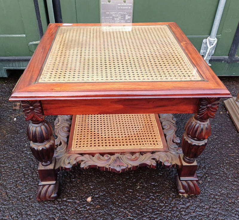 MAHOGANY SQUARE LAMP TABLE WITH BERGERE PANEL UNDERSHELF & CARVED SUPPORTS - 55CM TALL