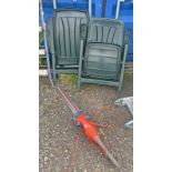 FLYMO EASICUT 600XT ELECTRIC HEDGE TRIMMER, 2 PLASTIC FOLDING GARDEN ARMCHAIRS, ETC.