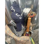 GOLF BAG WITH PLAID PATTERN & CONTENTS OF VARIOUS SPALDING GOLF CLUBS ETC.