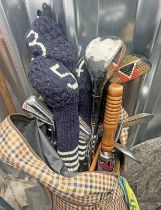GOLF BAG WITH PLAID PATTERN & CONTENTS OF VARIOUS SPALDING GOLF CLUBS ETC.