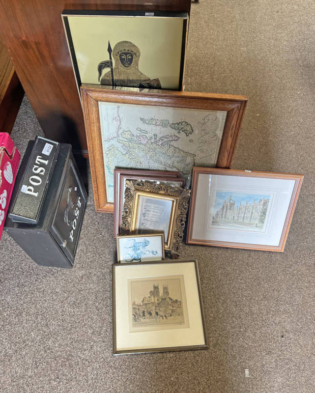 METAL POST BOX AND A SELECTION OF FRAMED PICTURES TO INCLUDE A COLOURED PICTURE OF BOOTHAM BAR YORK