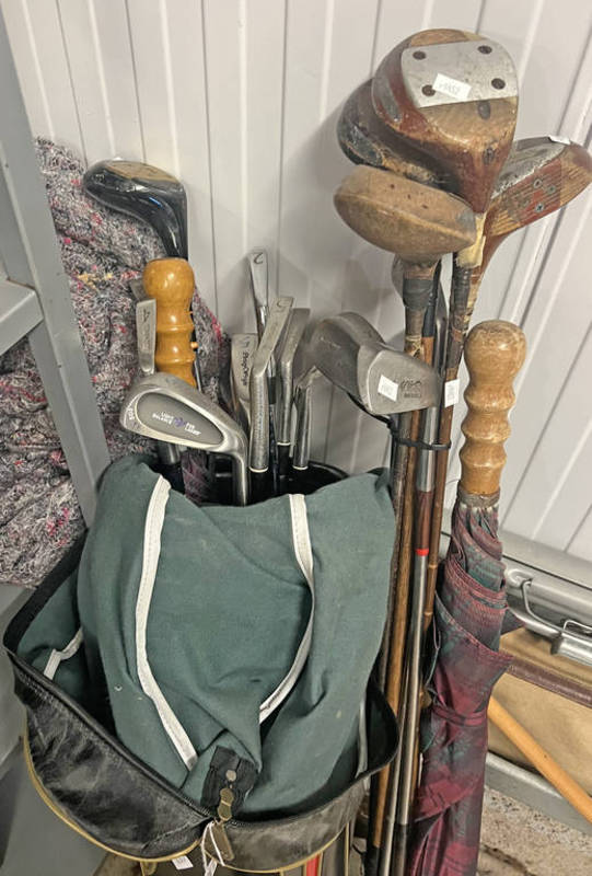 GOLF CLUBS IN BAG TO INCLUDE UMBRELLA, CHRISTY O CONNOR IRONS, WOODS ETC.