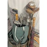GOLF CLUBS IN BAG TO INCLUDE UMBRELLA, CHRISTY O CONNOR IRONS, WOODS ETC.