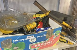 GOOD SELECTION OF VARIOUS TOOLS TO INCLUDE SAW, DRILL BITS, PUNCHES, SANDPAPER, JCB BATTERY DRILL,