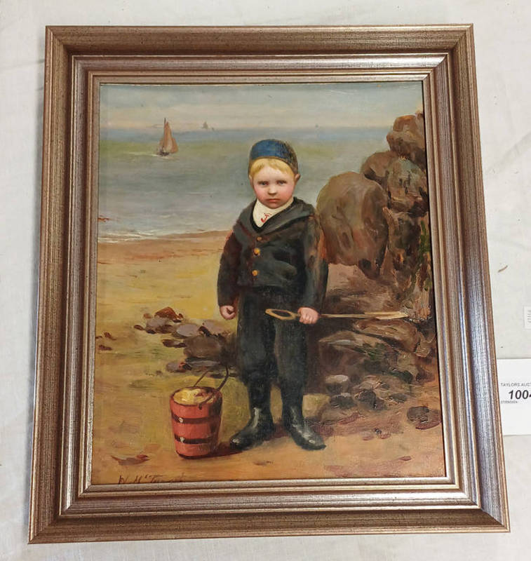 W MCTAGGART BOY AT BEACH SIGNED FRAMED OIL ON BOARD 35 X 29 CM