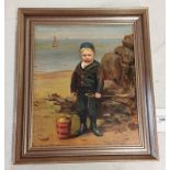 W MCTAGGART BOY AT BEACH SIGNED FRAMED OIL ON BOARD 35 X 29 CM