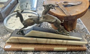 ART DECO PRANCING DEER FIGURE GROUP MOUNTED ON A ONYX AND HARDSTONE BASE,
