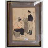 WILL OWEN 'FISHERMEN' SIGNED UNFRAMED PEN & INK SKETCH 35 CM X 25 CM