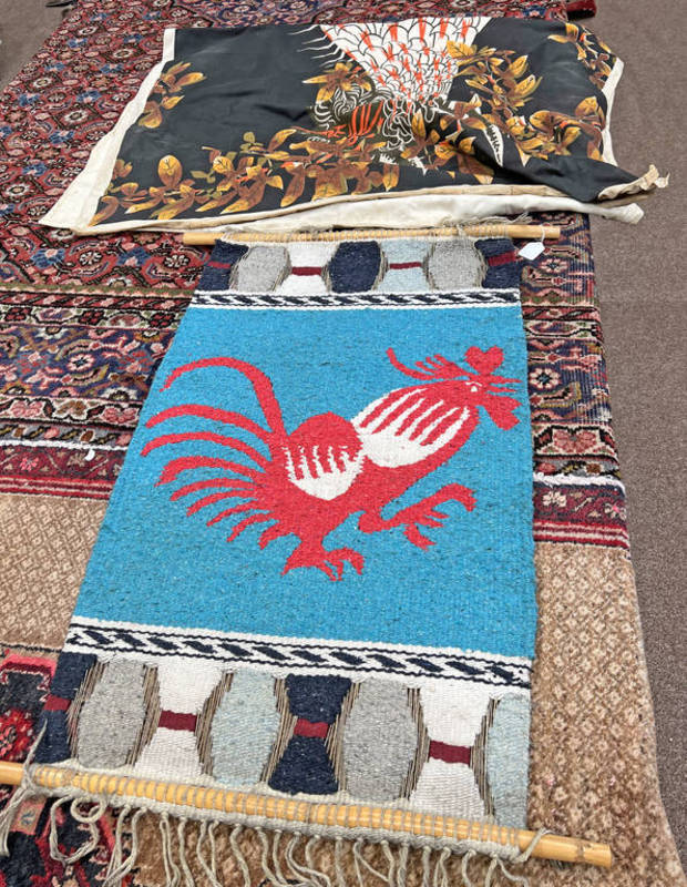 2 WALL HANGINGS ONE DEPICTING A LARGE RED COCKEREL - 100 X 58CM