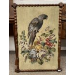 19TH CENTURY MAHOGANY FRAMED GLASS BEAD TAPESTRY OF A PARROT & FLOWERS,