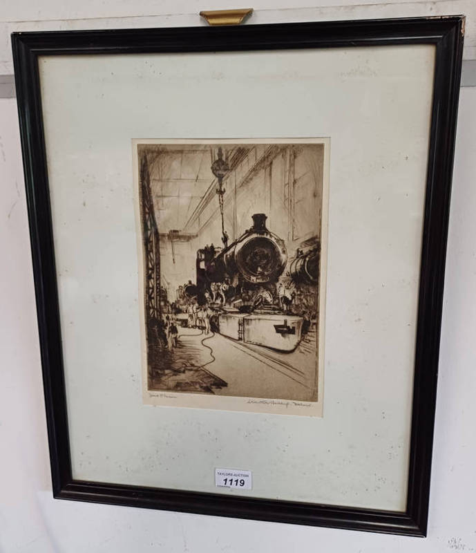 FRANK H MASON 'LOCOMOTIVE BUILDING DALMUIR' SIGNED IN PENCIL FRAMED ETCHING 27 CM X 19 CM