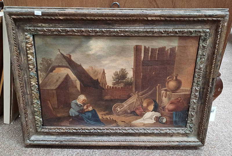 18TH/19TH CENTURY FLEMISH SCHOOL, LADY AND CAT IN STREET, UNSIGNED, G.