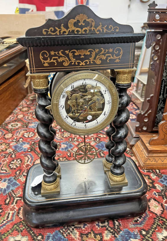 INLAID MANTLE CLOCK WITH BARLEY TWIST COLUMNS & CUPID WITH GRINDSTONE TO FACE,